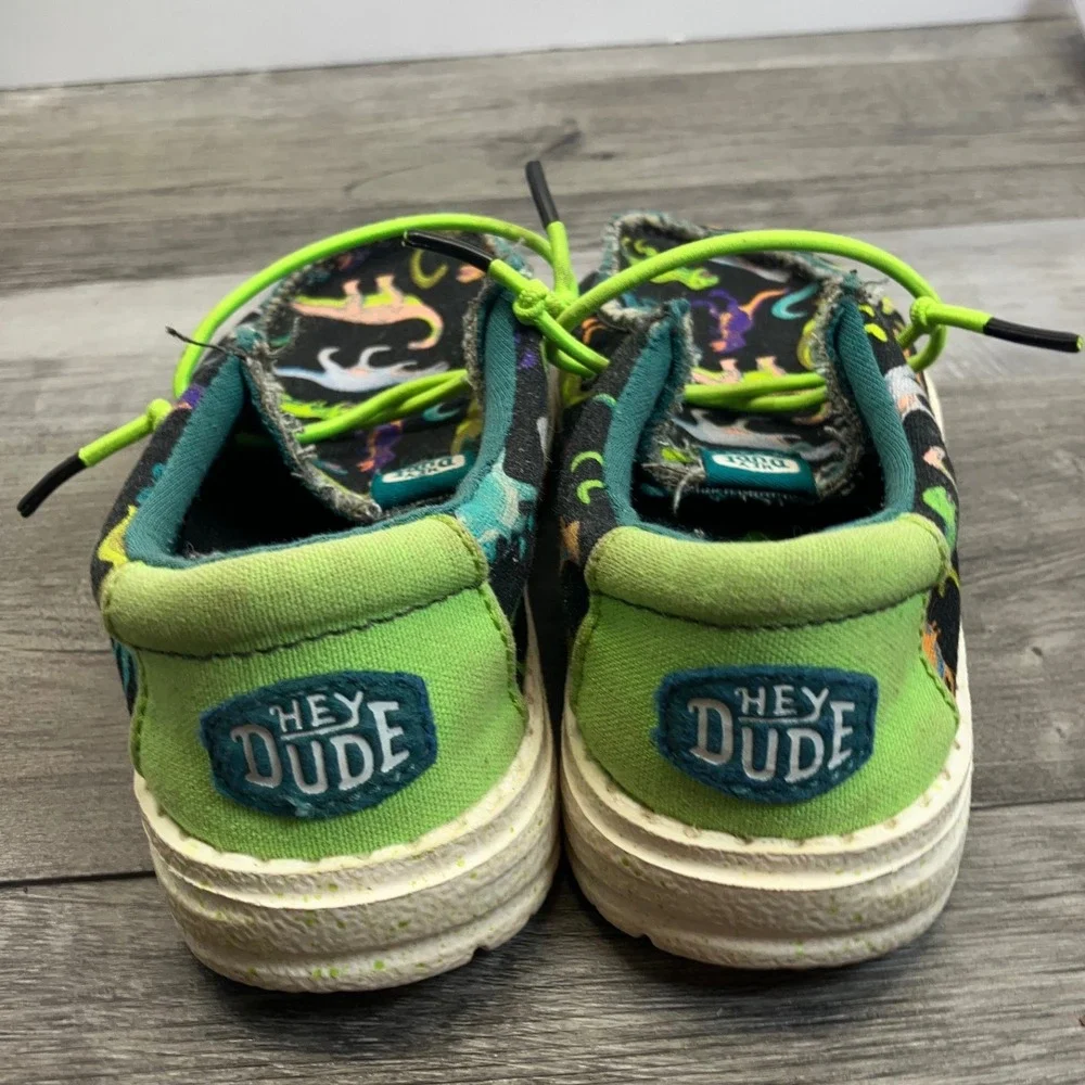 Hey Dude Wally Toddler Dino Black Lime Dinosaur Print Canvas Shoes Size C8
